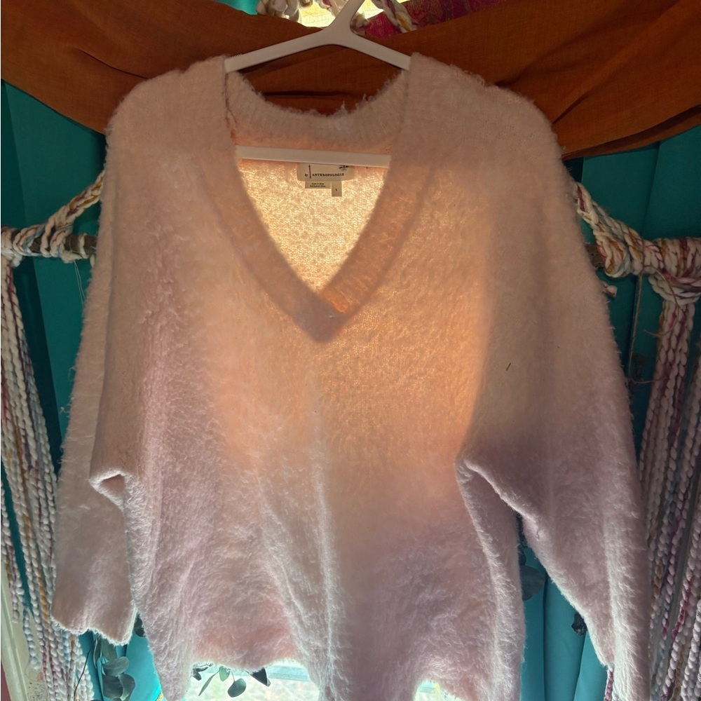 Anthropologie Fuzzy V-Neck Women's Sweater in Light Pink